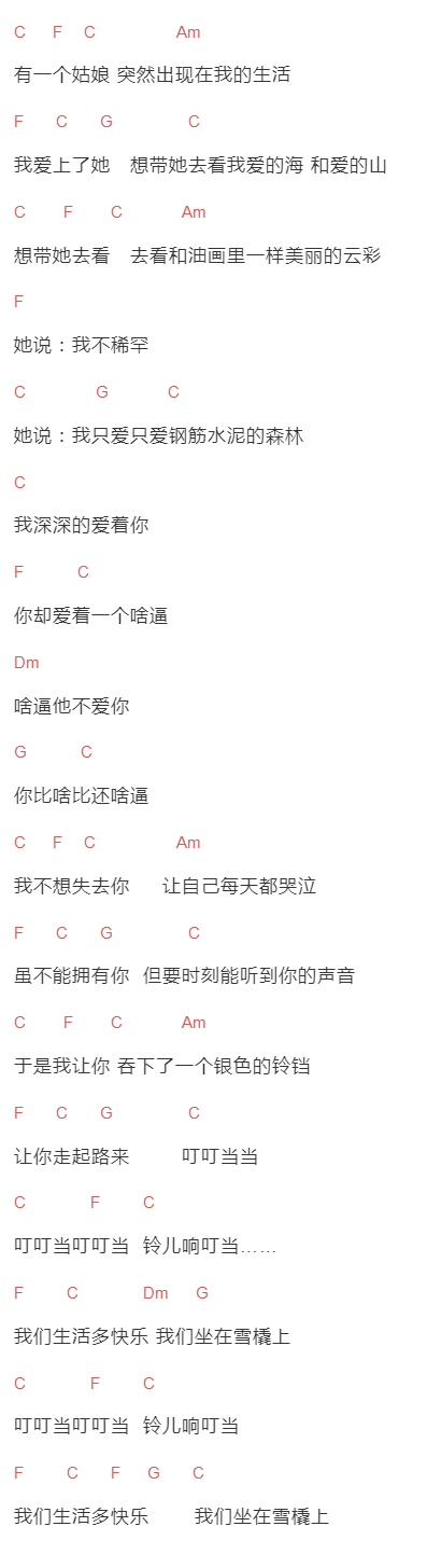 马頔《吞铃铛的姑娘》吉他谱C调和弦谱(txt)1
