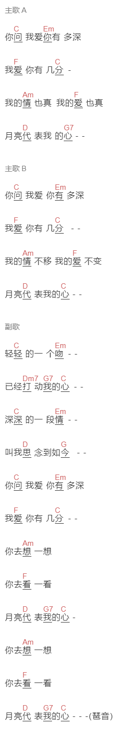邓丽君《君心我心》吉他谱C调和弦谱(txt)1