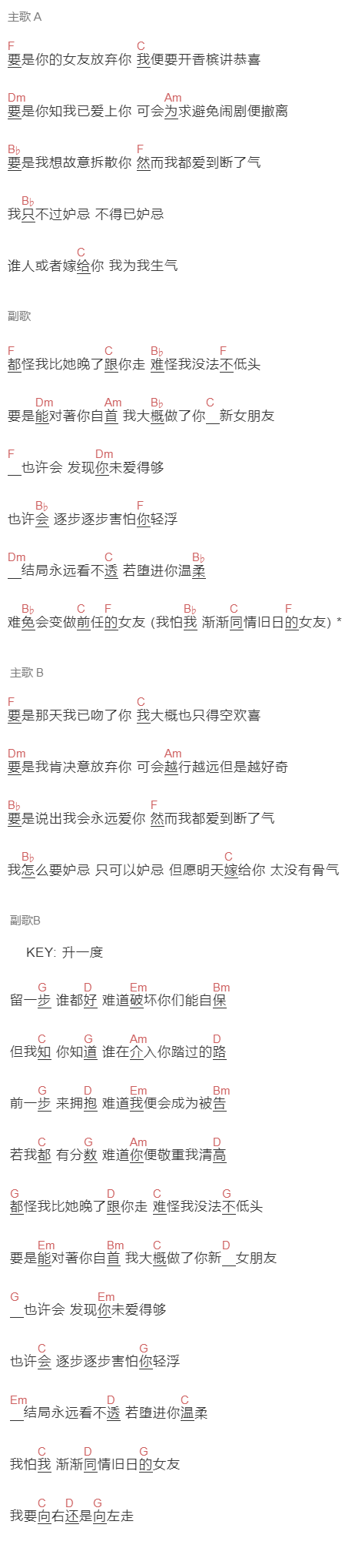 杨千嬅《向左走向右走》吉他谱C调和弦谱(txt)1