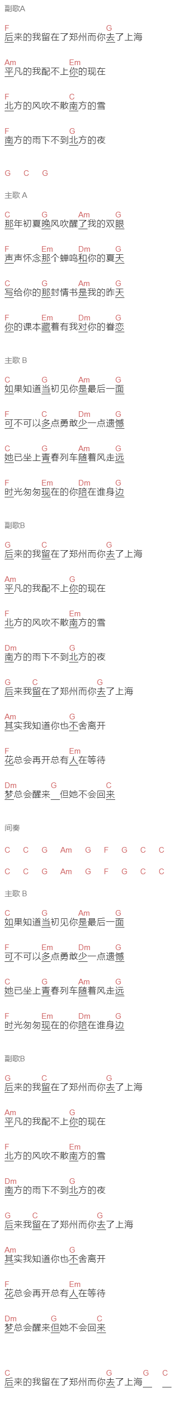 嘉杰学长《后来的我留在了郑州而你去了上海》吉他谱C调和弦谱(txt)1