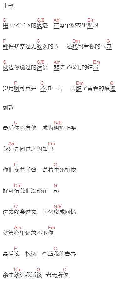 桃籽《同床知己》吉他谱C调和弦谱(txt)1