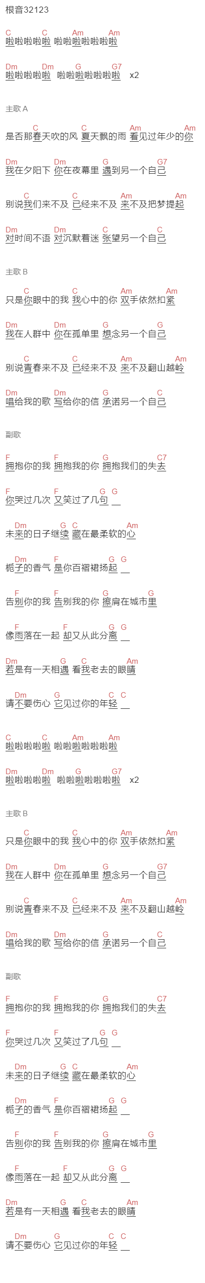 何炅《另一个自己》吉他谱C调和弦谱(txt)1