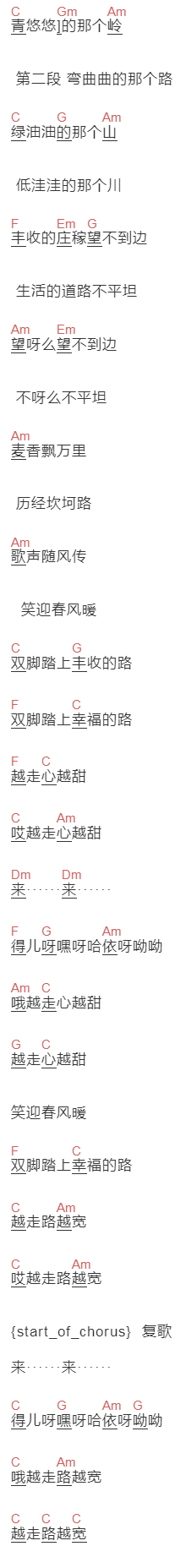 未知《双脚踏上幸福路》吉他谱C调和弦谱(txt)1