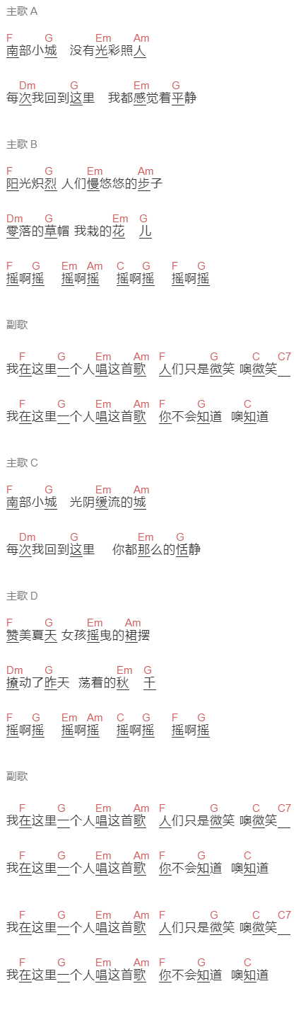 易烊千玺《南部小城》吉他谱C调和弦谱(txt)1