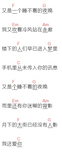 无孟子《又是一个睡不着的夜晚》吉他谱C调和弦谱(txt)1