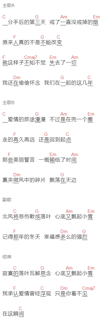 许嵩《又小雪》吉他谱C调和弦谱(txt)1