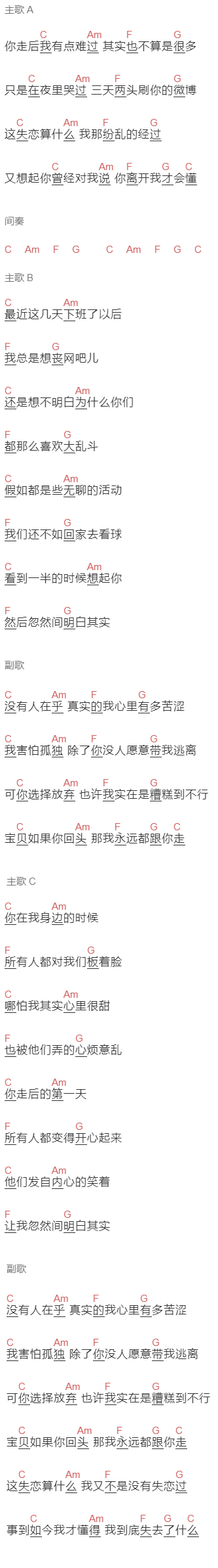 花粥《又失恋了》吉他谱C调和弦谱(txt)1