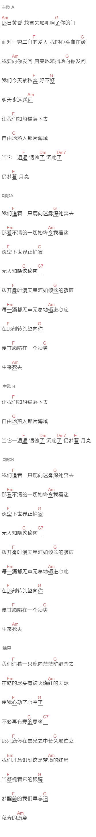 万象凡音,小时姑娘《去追一只鹿》吉他谱C调和弦谱(txt)1