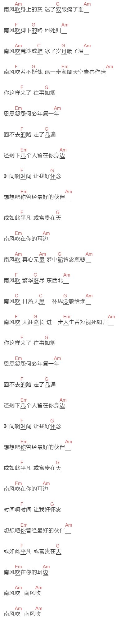 高进《南风》吉他谱C调和弦谱(txt)1