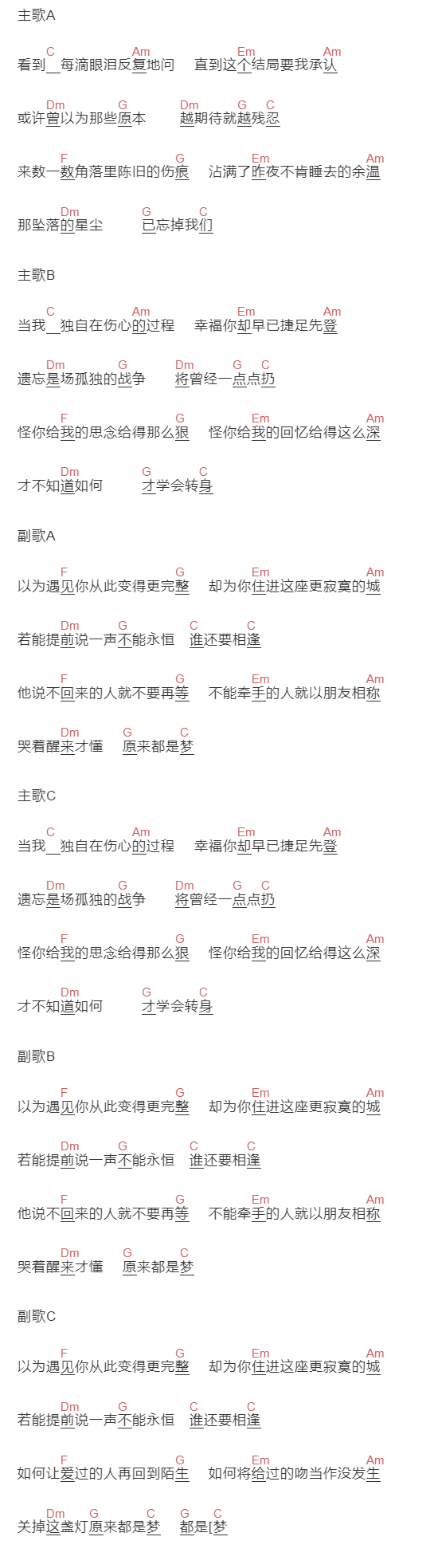 李行亮《原来都是梦》吉他谱C调和弦谱(txt)1