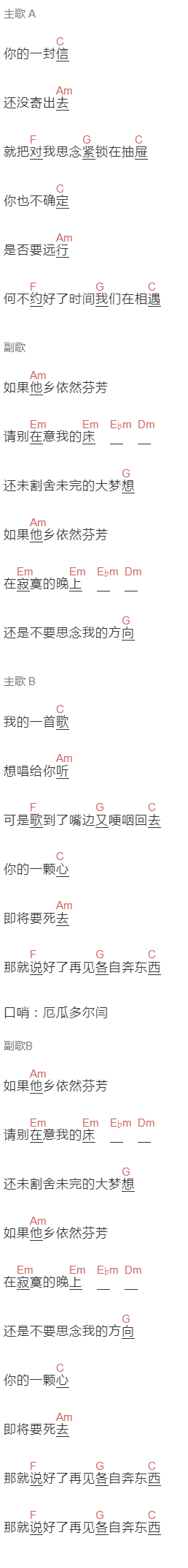 新学校废物合唱团《厄瓜多尔的口哨》吉他谱C调和弦谱(txt)1
