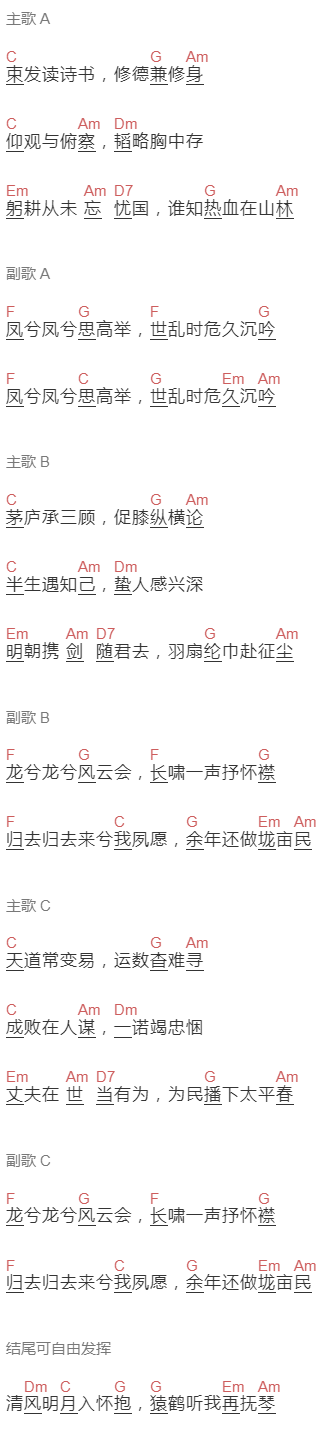 曲谷建芬 词王健《卧龙吟》吉他谱C调和弦谱(txt)1