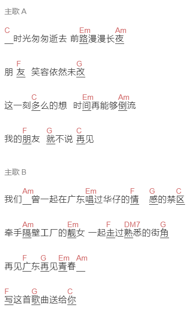 符彦崇《再见广东》吉他谱C调和弦谱(txt)1