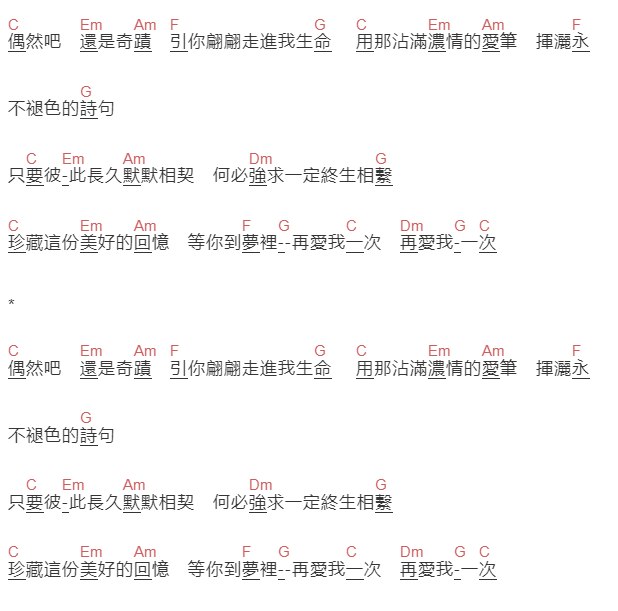 蔡琴《再爱我一次》吉他谱C调和弦谱(txt)1