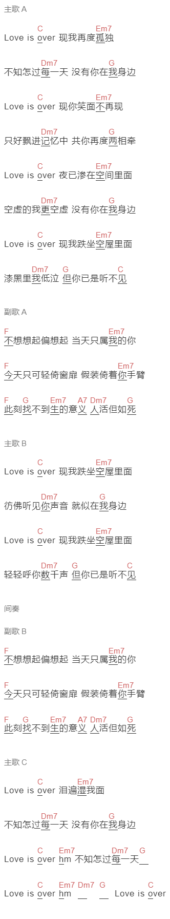 谭咏麟《再度孤独》吉他谱C调和弦谱(txt)1