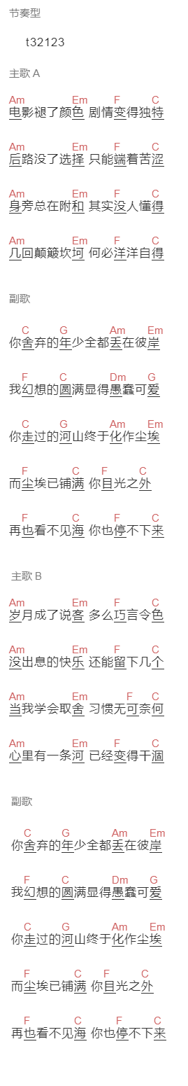 花粥《再也看不见海》吉他谱C调和弦谱(txt)1