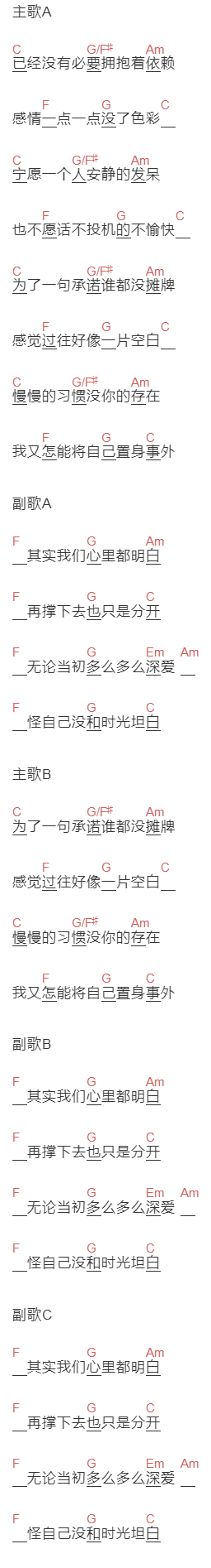 小沈阳《其实我们心里都明白》吉他谱C调和弦谱(txt)1