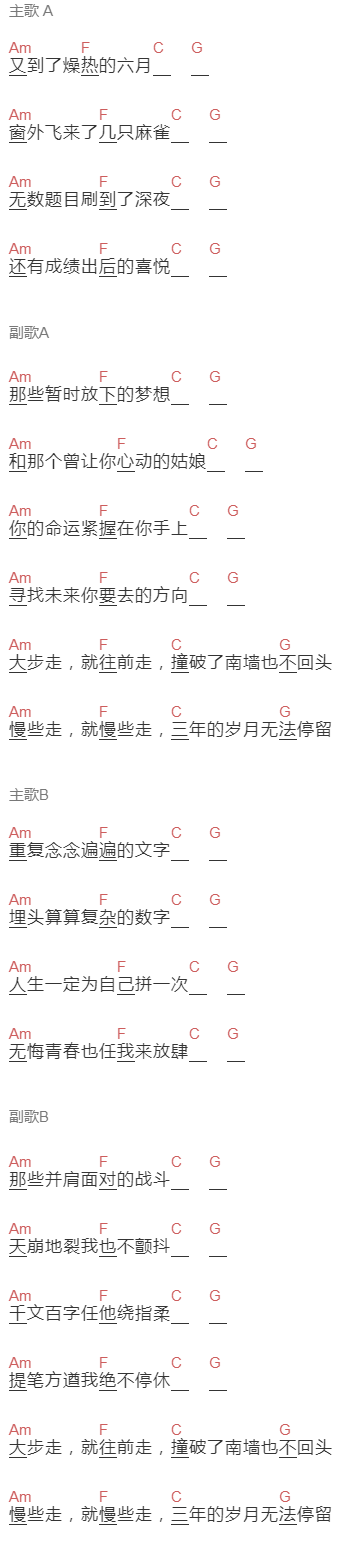 邵帅《关于高考的岁月》吉他谱C调和弦谱(txt)1