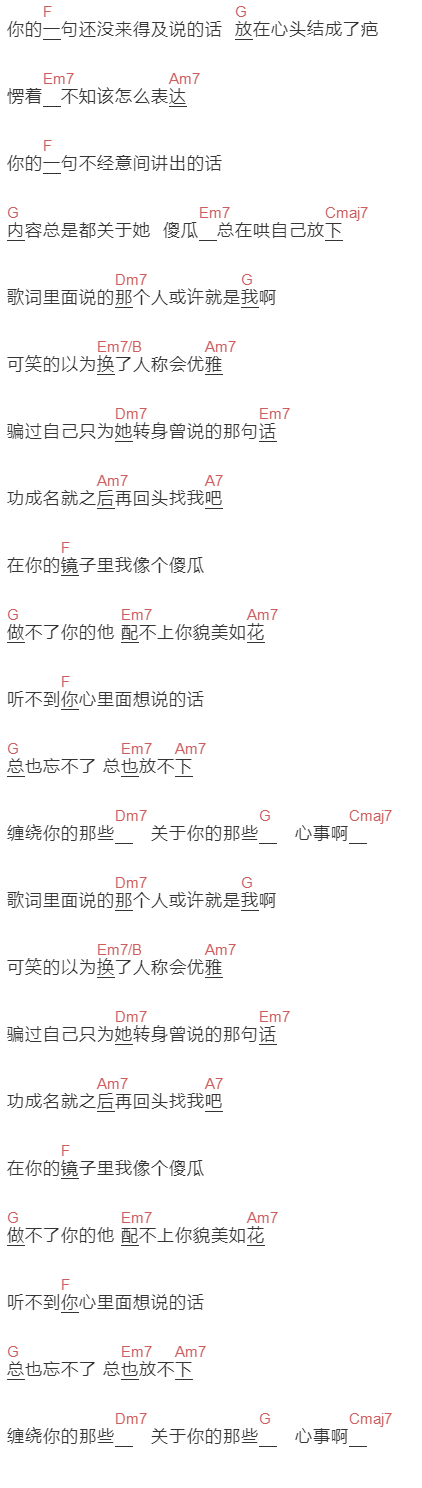 刘梓炎《关于你的心事》吉他谱C调和弦谱(txt)1