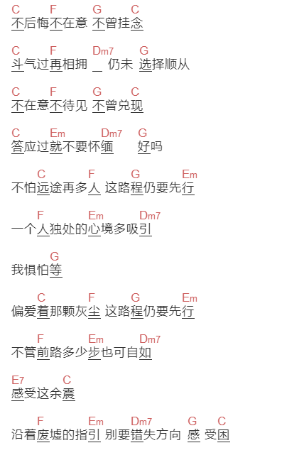于梓贝《先行》吉他谱C调和弦谱(txt)1