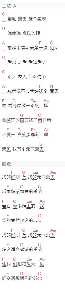 声体乐团《元气夏天》吉他谱C调和弦谱(txt)1