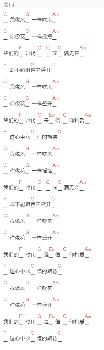 不可撤销乐队《像风一样吹来》吉他谱C调和弦谱(txt)1