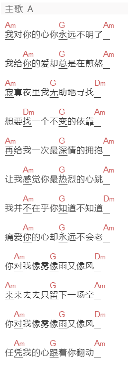 梁雁翎《像雾像雨又像风》吉他谱C调和弦谱(txt)1