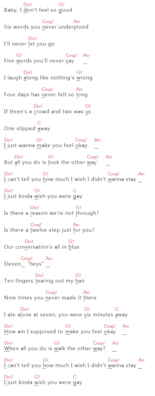 Billie Eilish《Wish You Were Gay》吉他谱C调和弦谱(txt)1