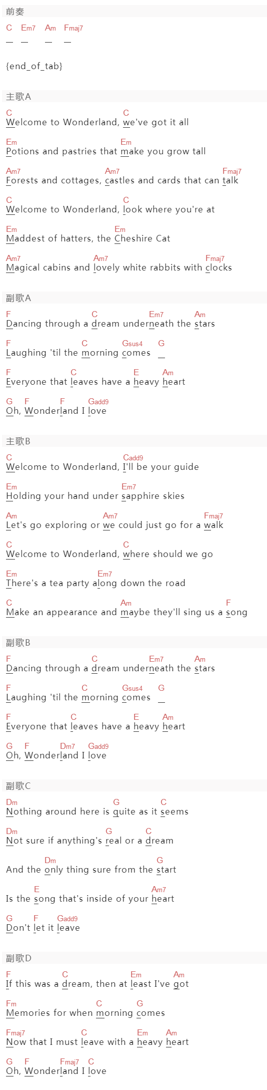 Anson Seabra《Welcome To Wonderland》吉他谱C调和弦谱(txt)1