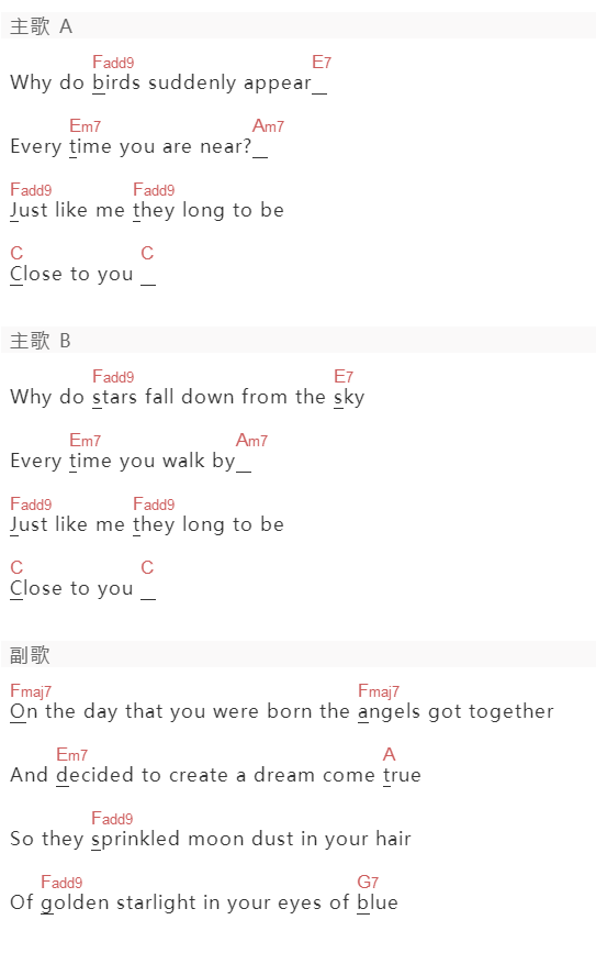 Carpenters《Close To You》吉他谱C调和弦谱(txt)1