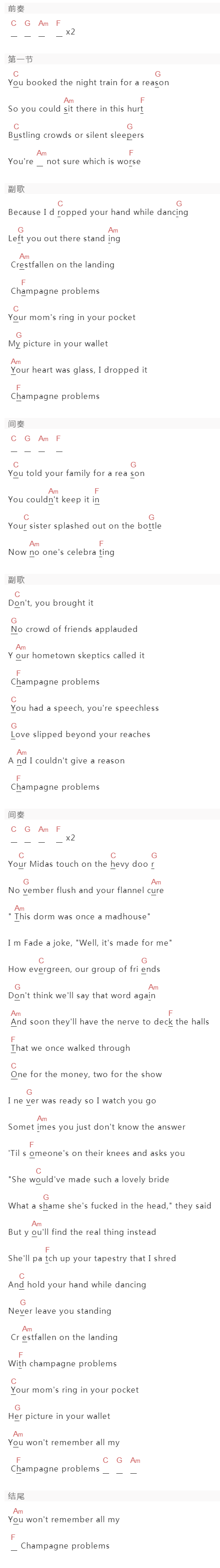 Taylor Swift《champagne problems》吉他谱C调和弦谱(txt)1