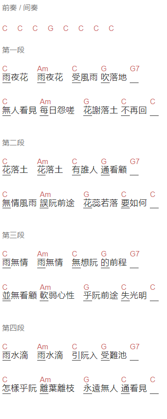  江蕙《雨夜花》吉他谱C调和弦谱(txt)1