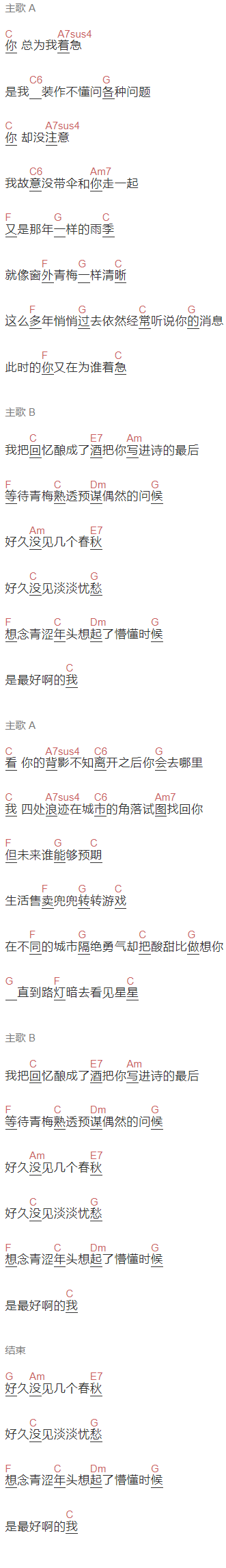 房东的猫《青梅》吉他谱C调和弦谱(txt)1