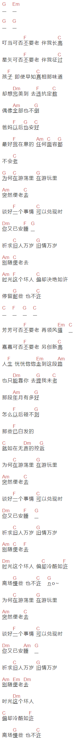张敬轩《青春常驻》吉他谱C调和弦谱(txt)1