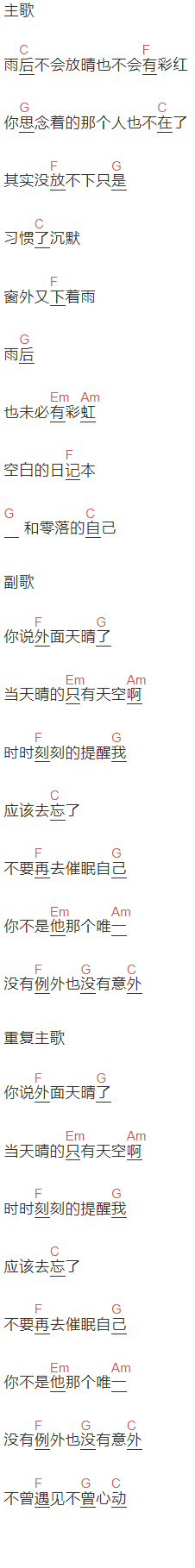 小杰《零落》吉他谱C调和弦谱(txt)1