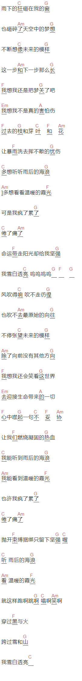 gala《雪白透亮》吉他谱C调和弦谱(txt)1
