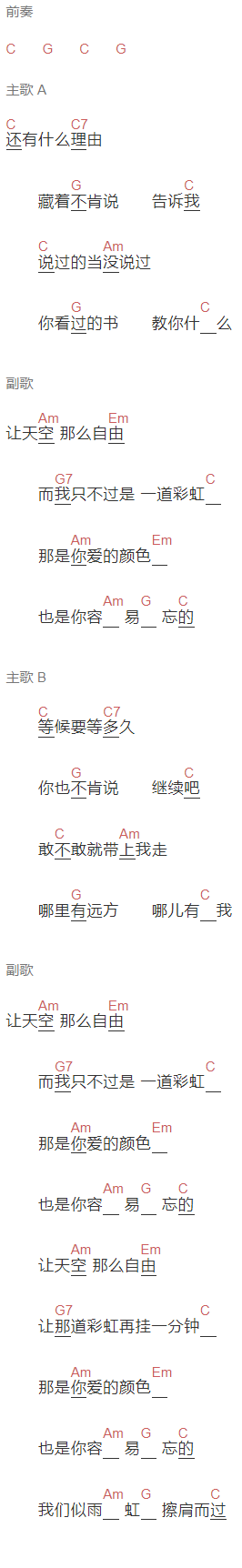 曹方《雨虹》吉他谱C调和弦谱(txt)1