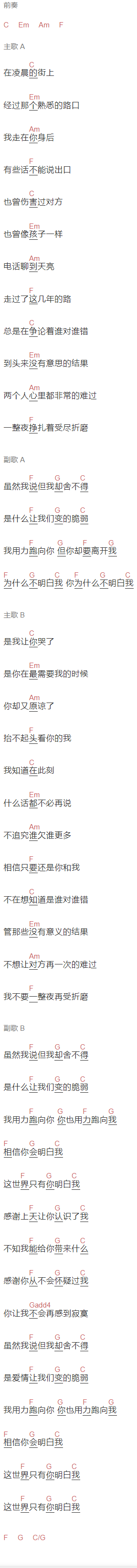 隔壁团《这世界只有你明白我》吉他谱C调和弦谱(txt)1