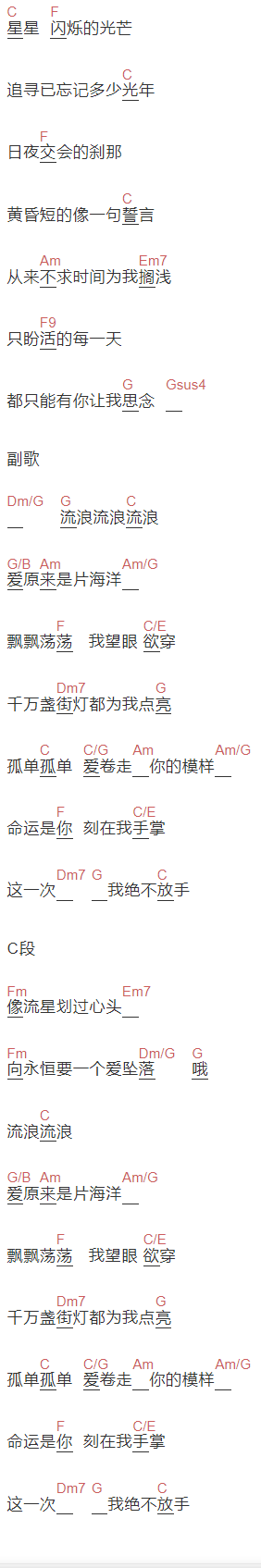 齐秦《这一次我绝不放手》吉他谱C调和弦谱(txt)1
