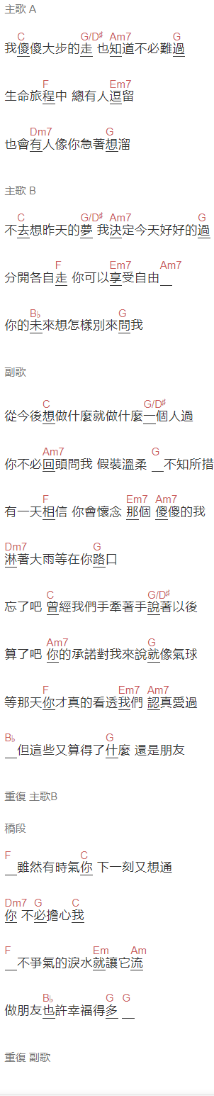 梁文音《还是朋友》吉他谱C调和弦谱(txt)1