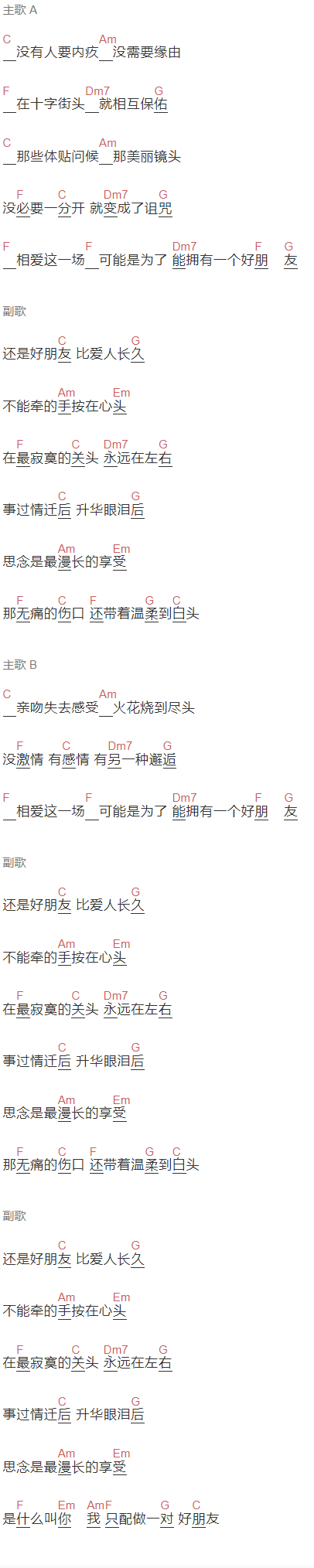 梁静茹,古巨基《还是好朋友》吉他谱C调和弦谱(txt)1