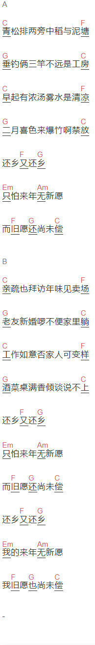 陈鸿宇《还乡去》吉他谱C调和弦谱(txt)1