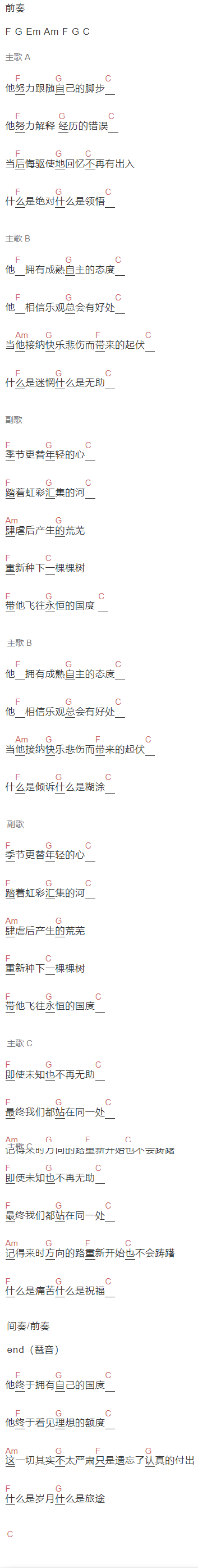 告五人《运气来得若有似无》吉他谱C调和弦谱(txt)1