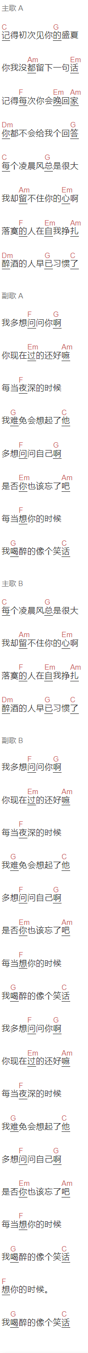李冠霖《过问》吉他谱C调和弦谱(txt)1