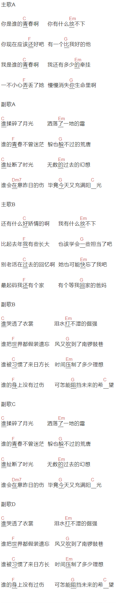 解忧邵帅《过期的青春》吉他谱C调和弦谱(txt)1