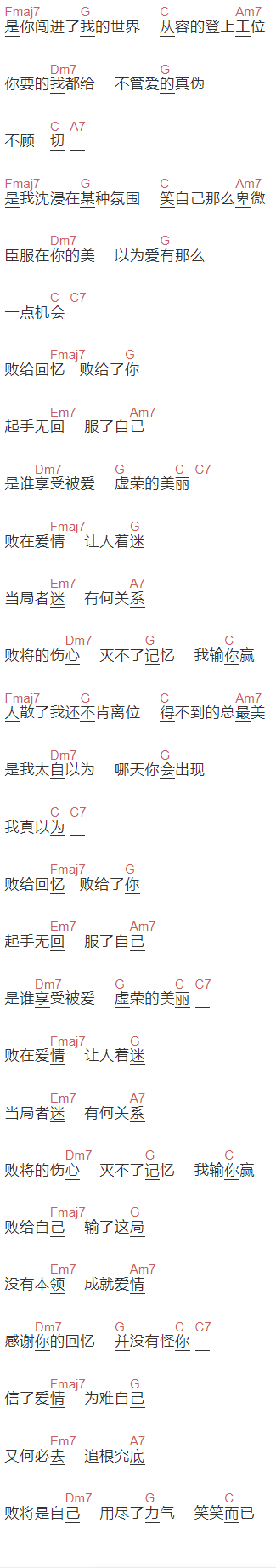 陈势安《败将》吉他谱C调和弦谱(txt)1