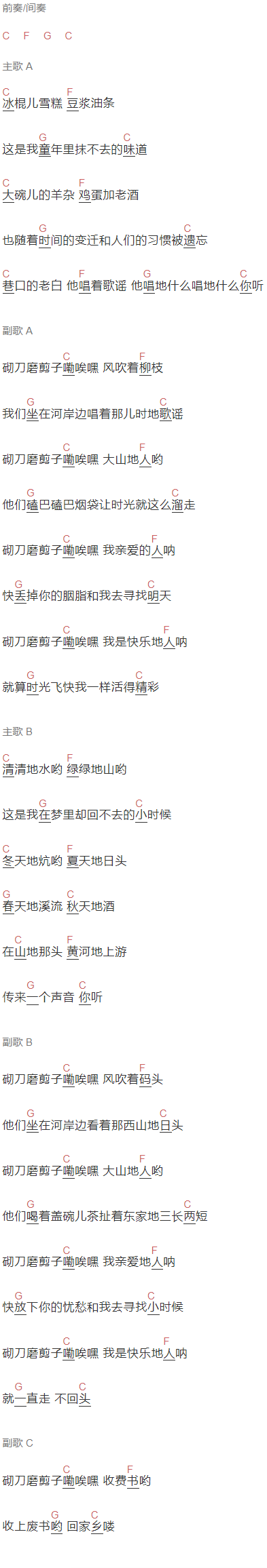 谣乐队《谣》吉他谱C调和弦谱(txt)1