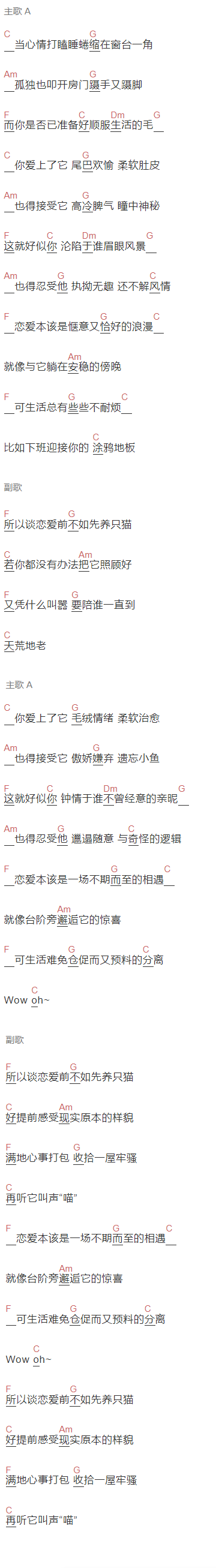 房东的猫,沈以诚《谈恋爱前不如先养猫》吉他谱C调和弦谱(txt)1