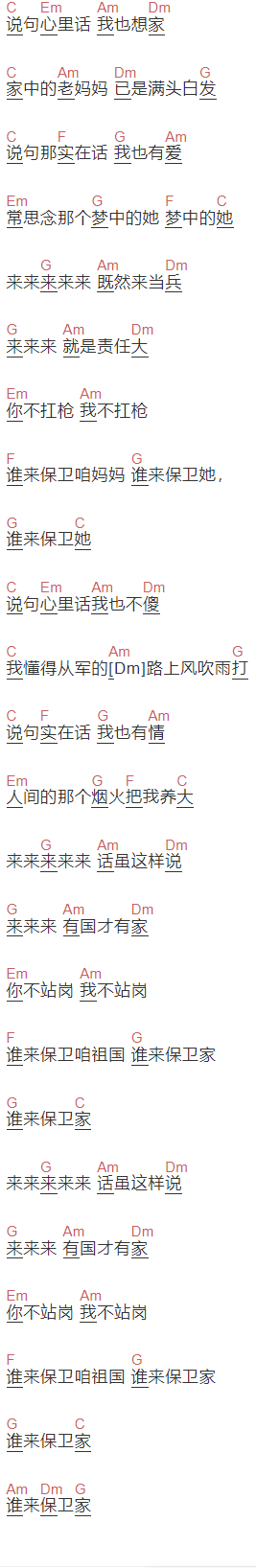 阎维文《说句心里话》吉他谱C调和弦谱(txt)1