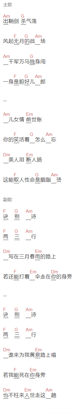 胡彦斌《诀别诗》吉他谱C调和弦谱(txt)1